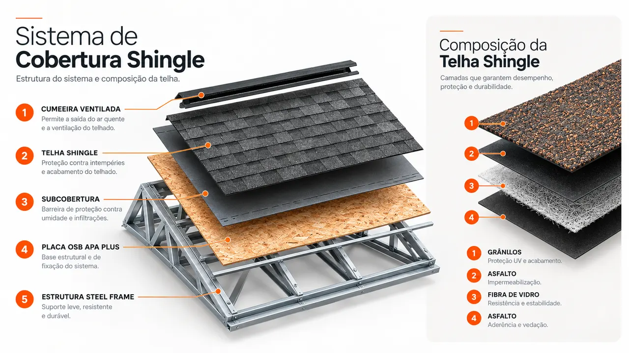 Diagrama do sistema de cobertura shingle e da composição em camadas da telha